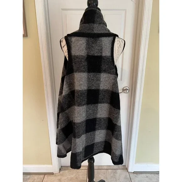 Amita Open Cardigan Wool Blend gray black buffalo check Shawl Sleeveless One Siz - Picture 4 of 5